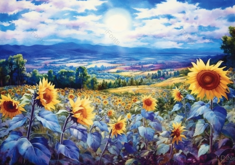 蓝色天空向日葵花田盛开水彩插画,插画/手绘图,插画/手绘图库,插画/手绘图下载,插画/手绘